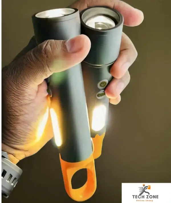 "GearUP K57 waterproof camping flashlight with adjustable brightness and 1000m range."